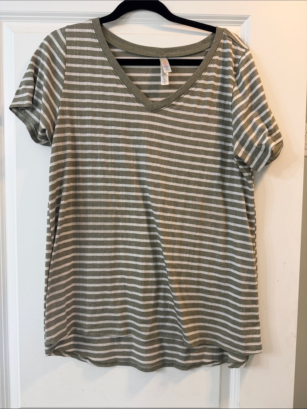 LuLaRoe Olive Green and White Striped V-Neck Short Sleeve Tee